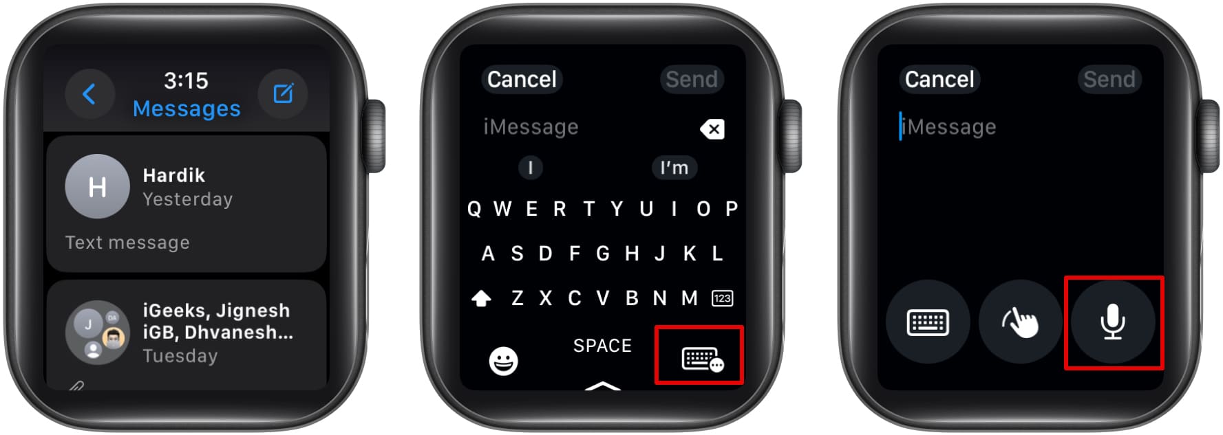 Switching to the dictation mode in the Messages app on an Apple Watch