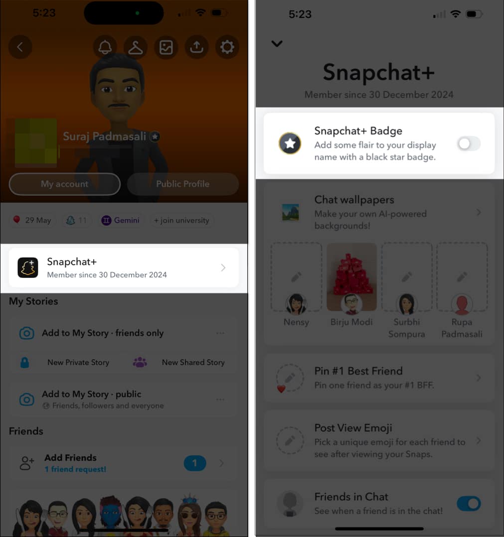 Toggling off Snapchat+ Badge on iPhone