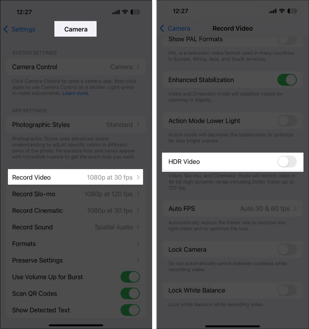 Toggling off HDR video from camera in settings app on iPhone