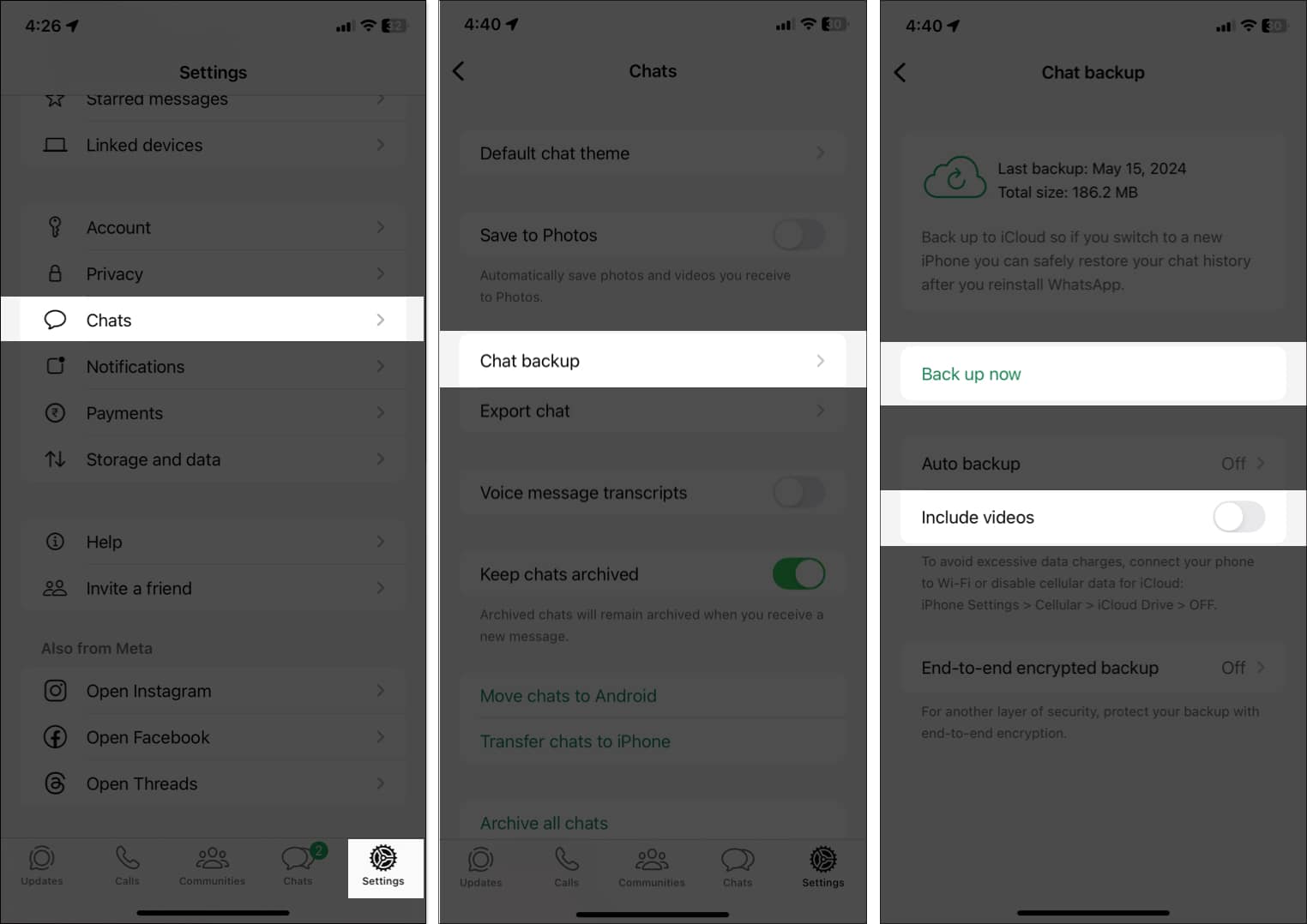 Toggling off Include videos from Chat backup settings in WhatsApp