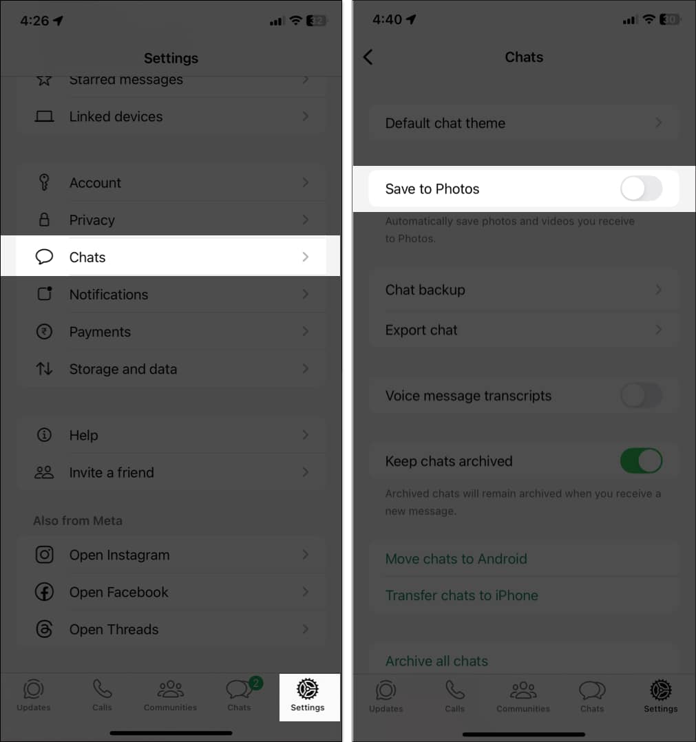 Toggling off Save to Photos in Chats settings on WhatsApp