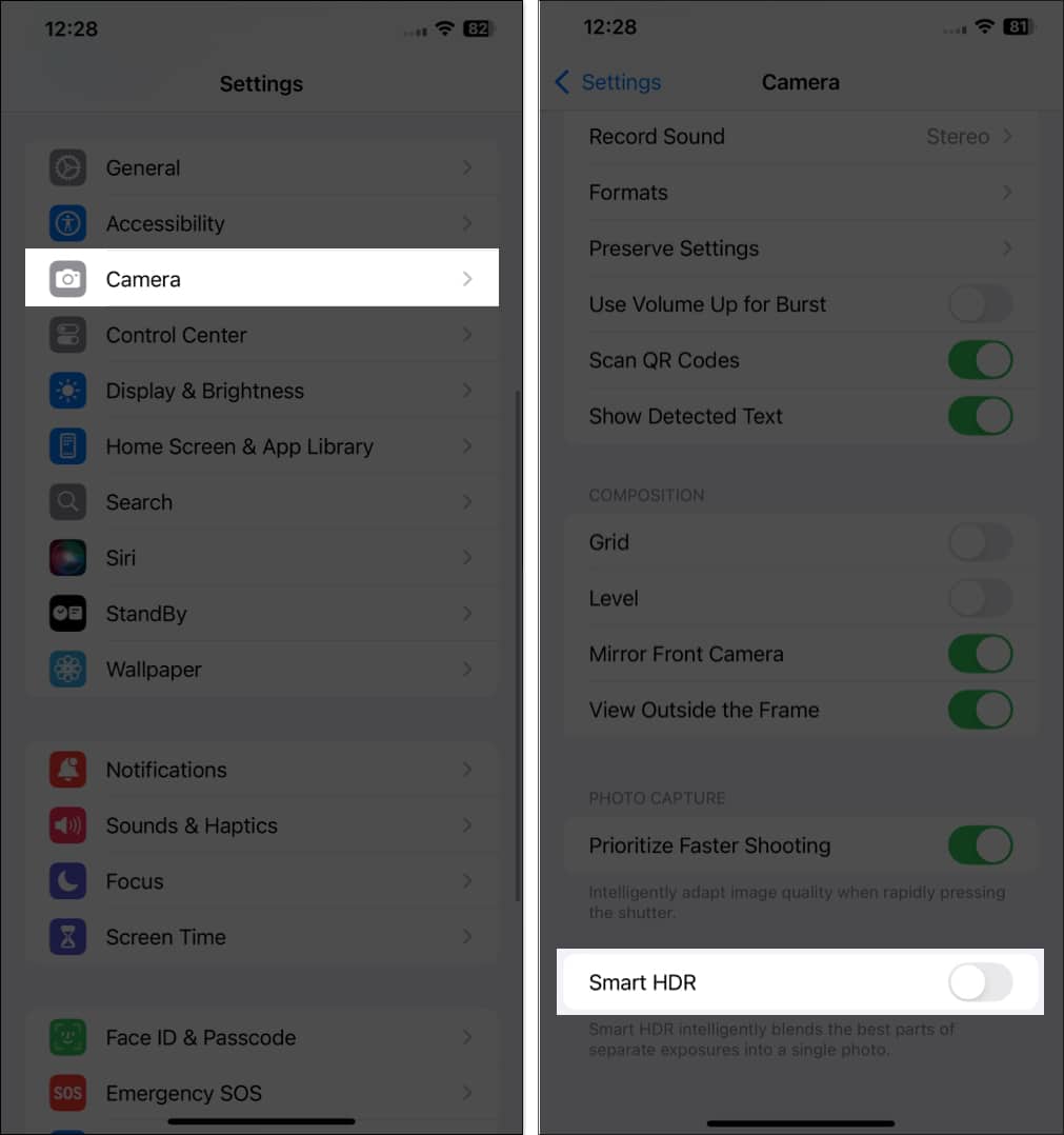 Toggling off Smart HDR from camera settings on iPhone