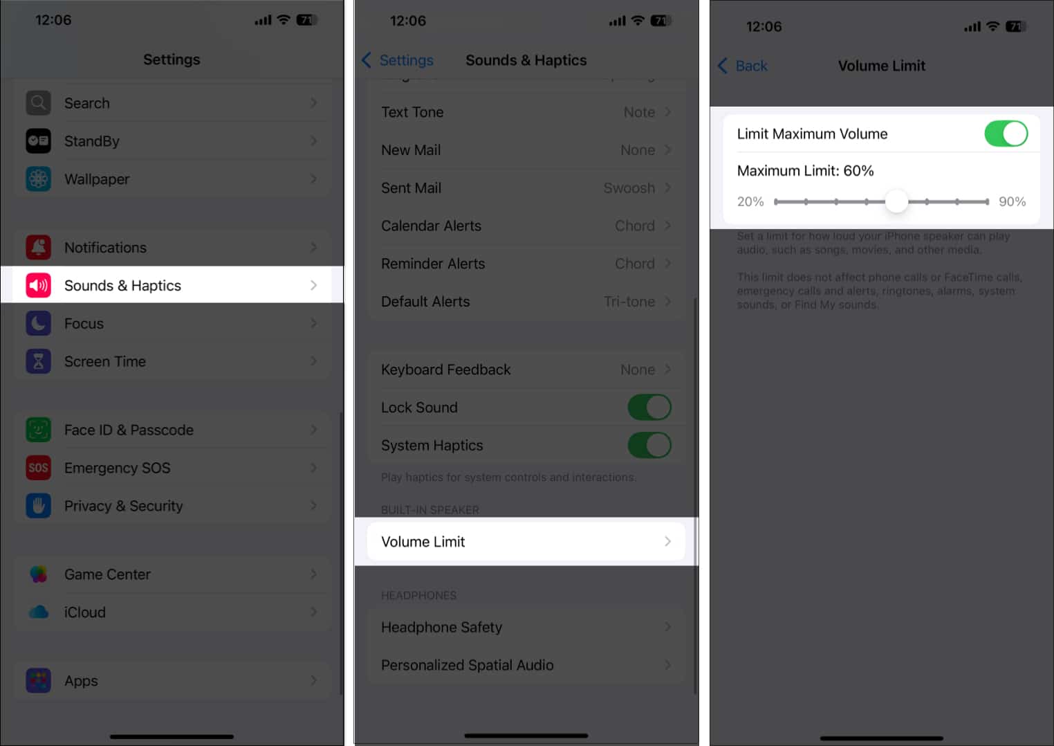 Toggling on the Limit Maximum Volume option and setting a maximum volume limit on an iPhone