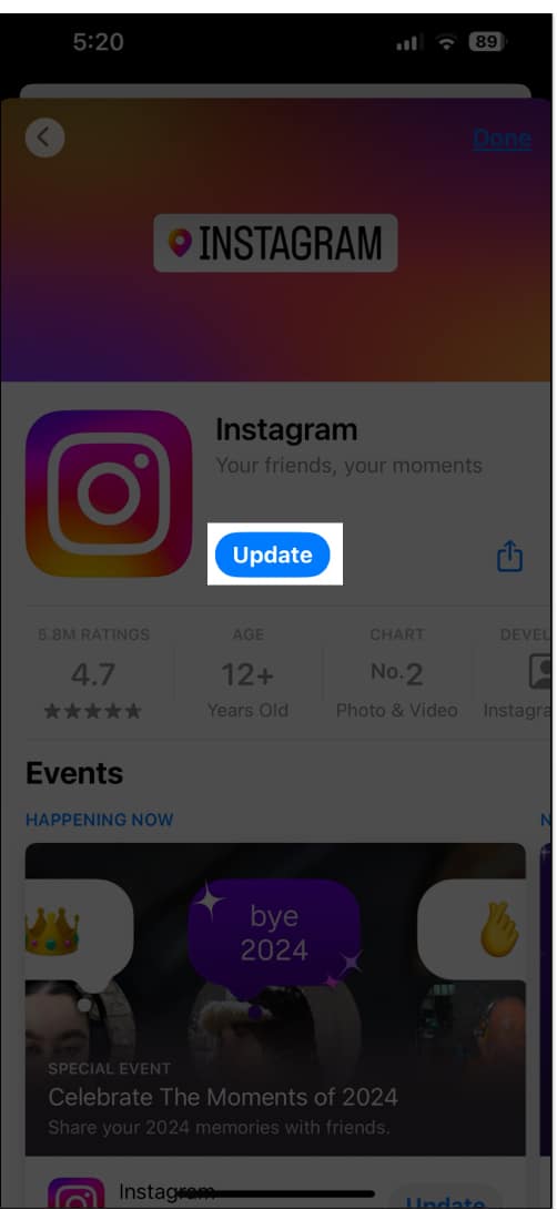 Update Instagram app from App Store on iPhone