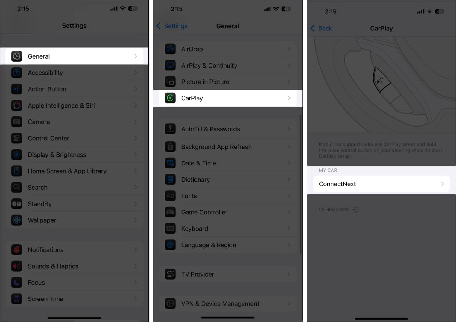 Accessing Carplay settings on iPhone