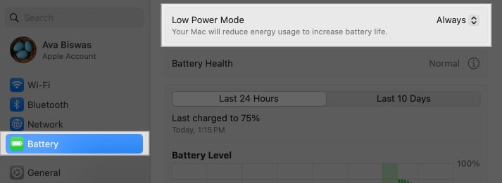 Accessing low power mode from battery system settings on Mac