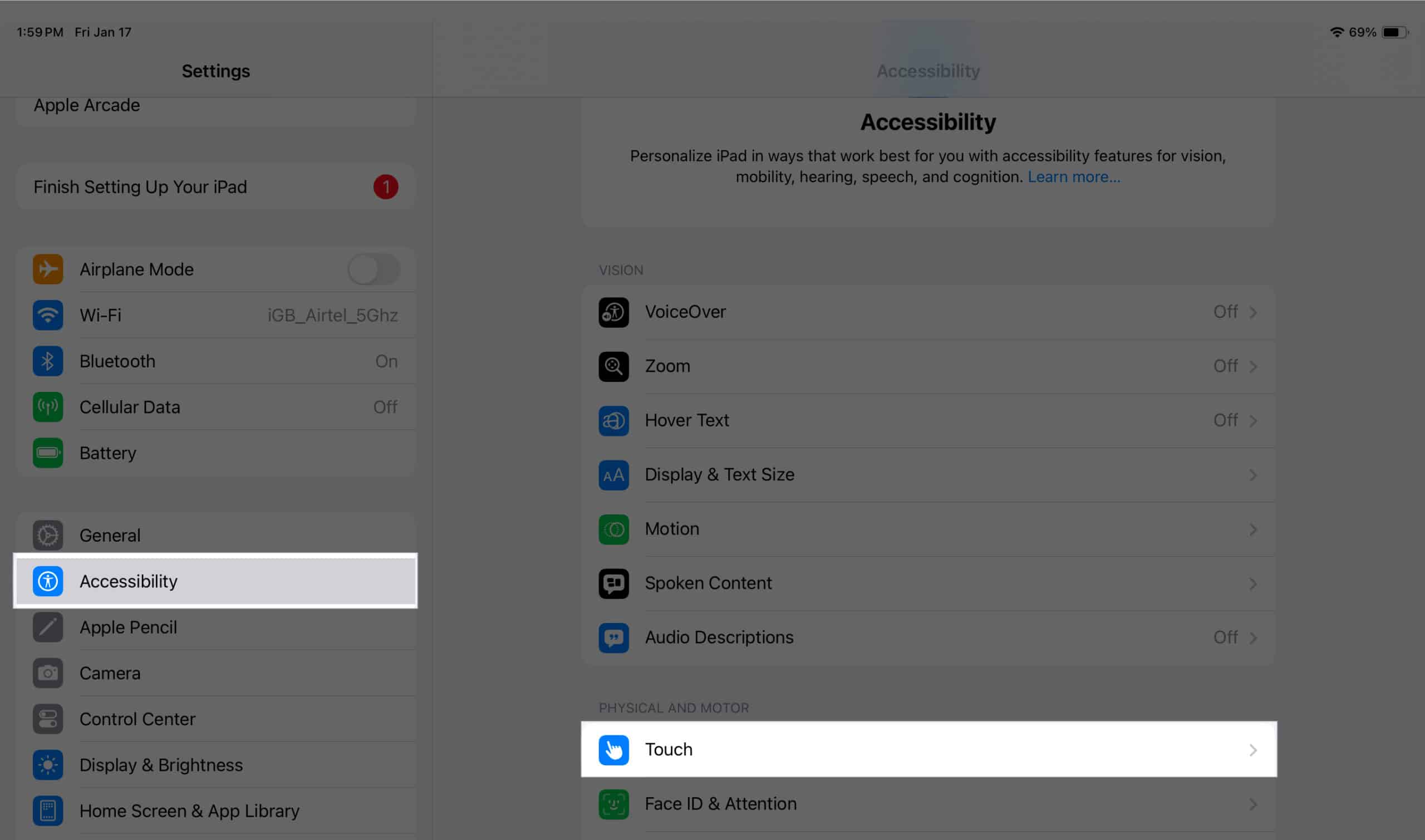 Accessing Touch options from the Accessibility page in iPadOS Settings app