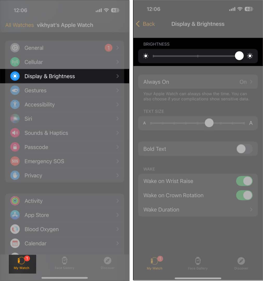 Adjusting an Apple Watch's screen brightness through the Watch app on an iPhone.