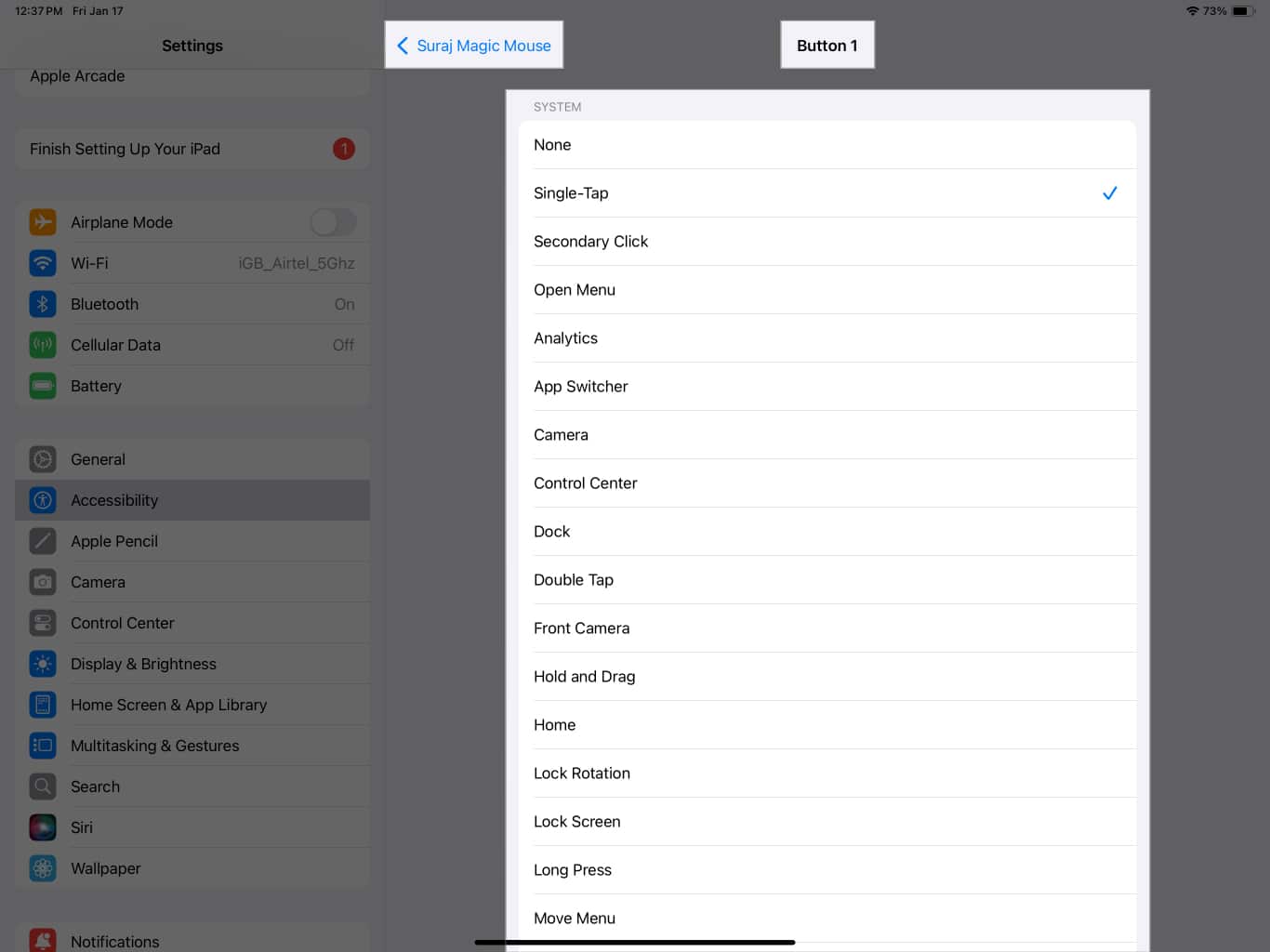 Assigning an action for mouse button in iPadOS Settings app