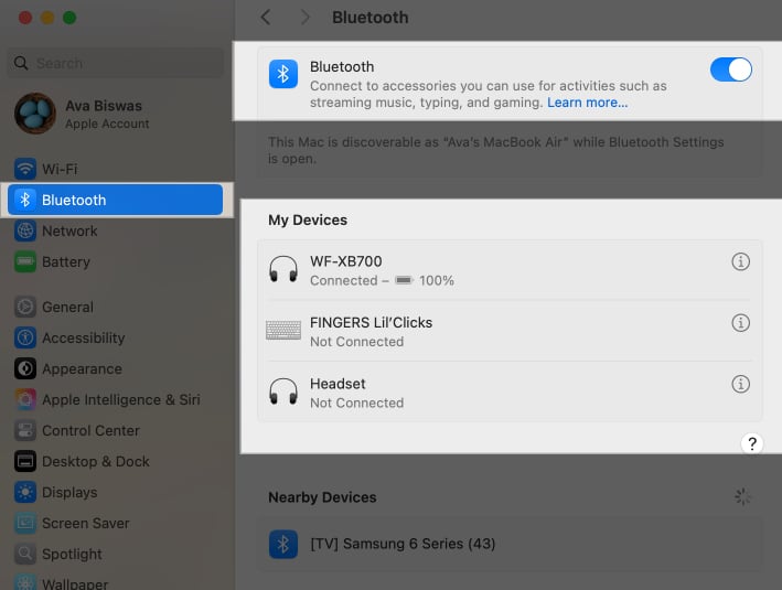 Bluetooth settings on MacBook system settings