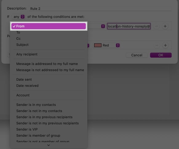 Choose From option to set condition in Mail app