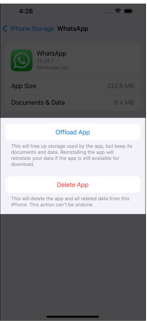 Offload App and Delete App button on an app under iPhone Storage in Settings