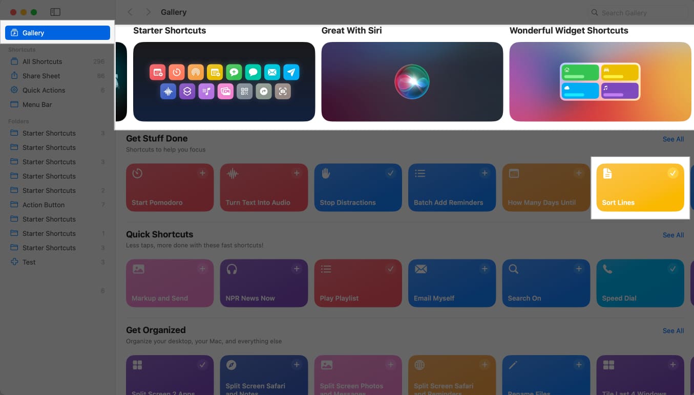 Click on Gallery in Shortcuts app on Mac