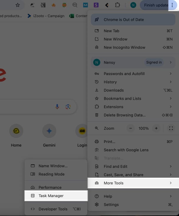 Click on more button on google and select More Tools to open Task manager