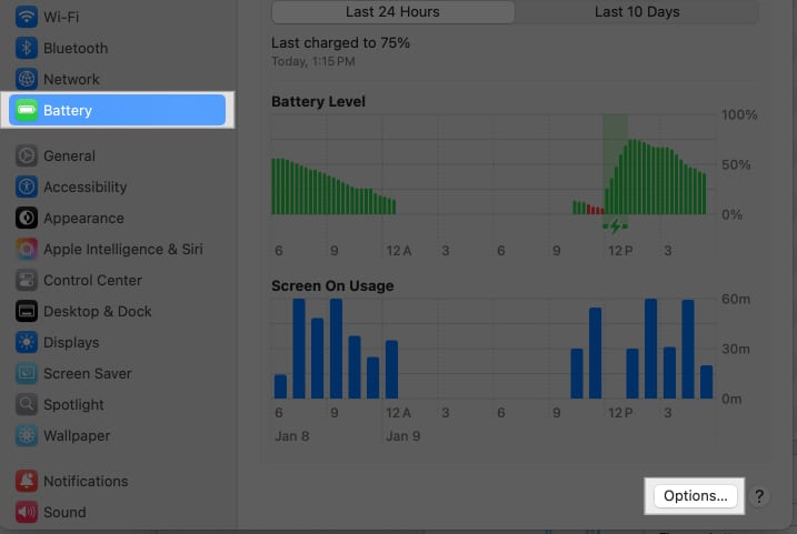 Click on Options button in battery system settings.