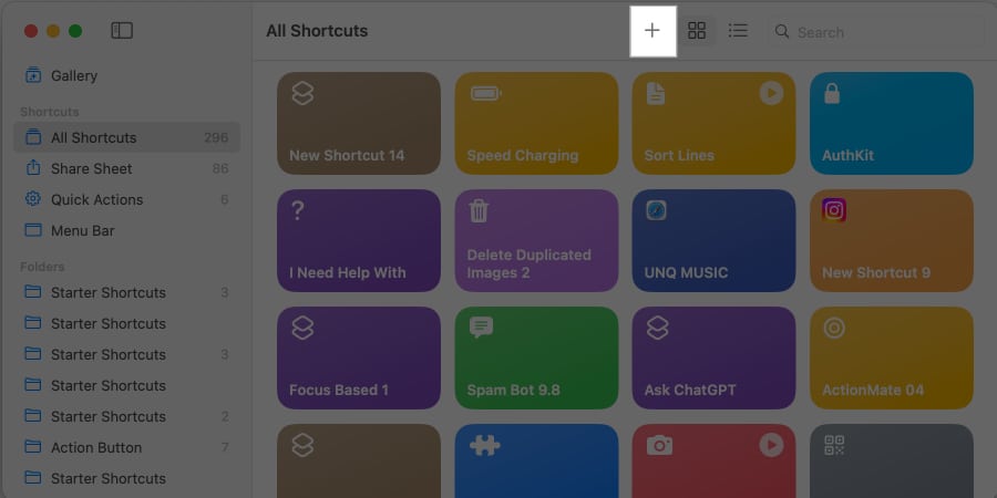 Click on plus icon in Shortcuts app on Mac