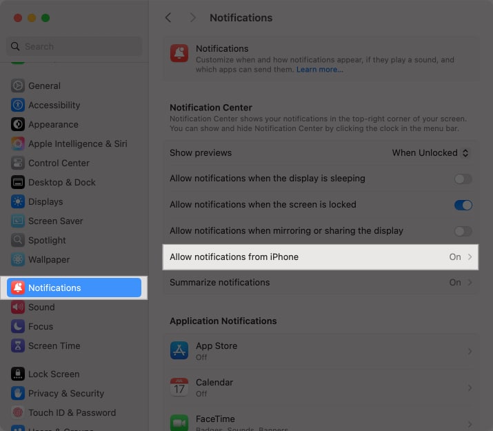 Disabling the Allow Notifications from iPhone option in macOS System Settings