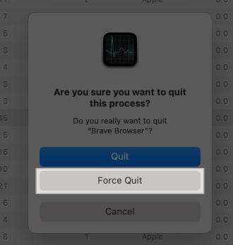 Force quiting app from activity monitor on Mac