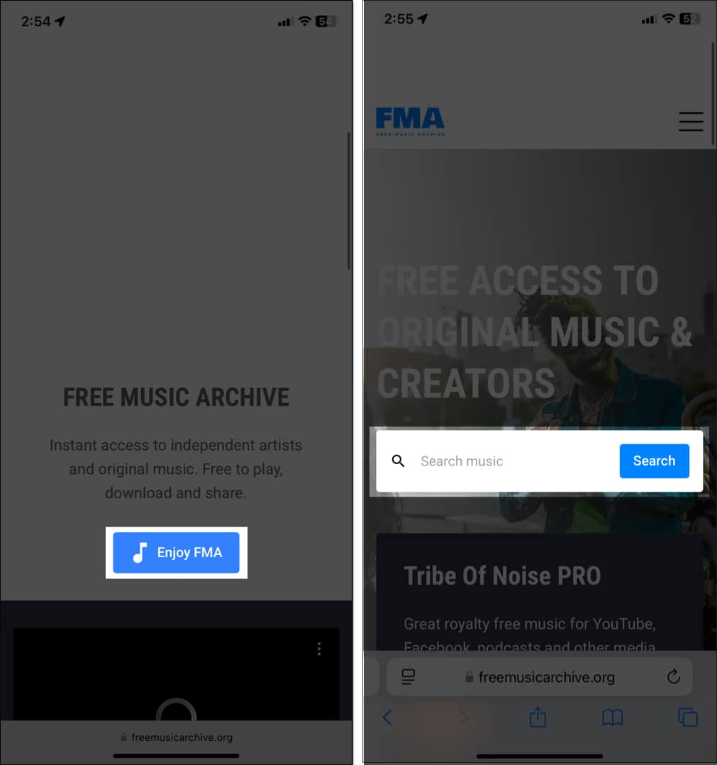 Go to Free Music Archive website on safari and tap on Enjoy FMA button