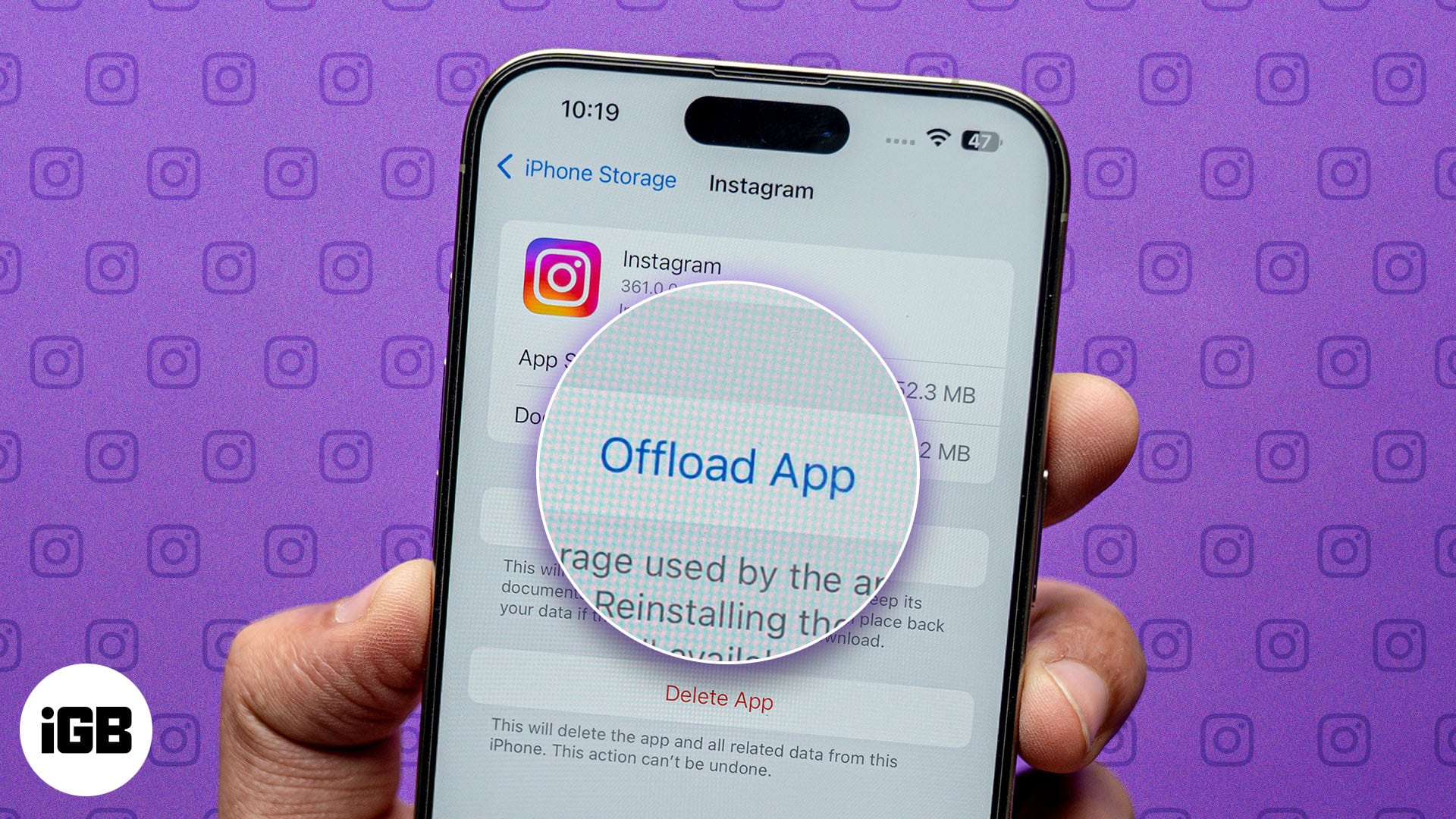 Using the Offload App option to clear Instagram cache on an iPhone