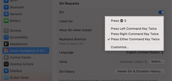 Select a Keyboard Shortcut to access Type to Siri on a Mac