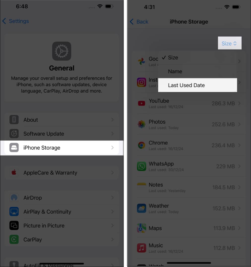 Sorting apps under iPhone Storage by by the Last Used Date filter