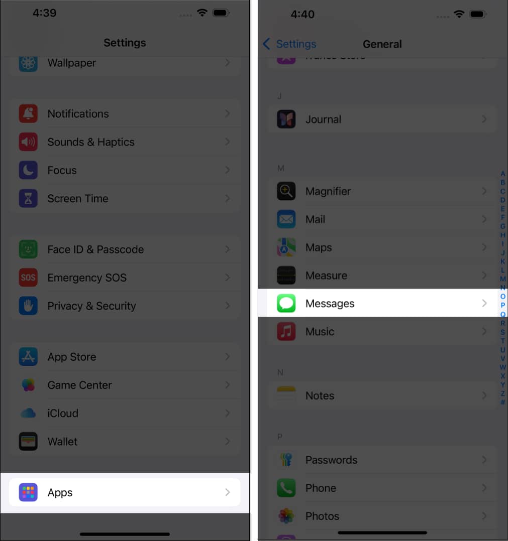 Accessing Messages under Apps in iPhone Settings app