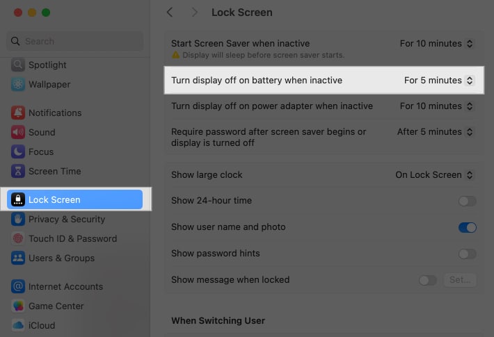 Set time for Turn display off on battery when inactive on Mac