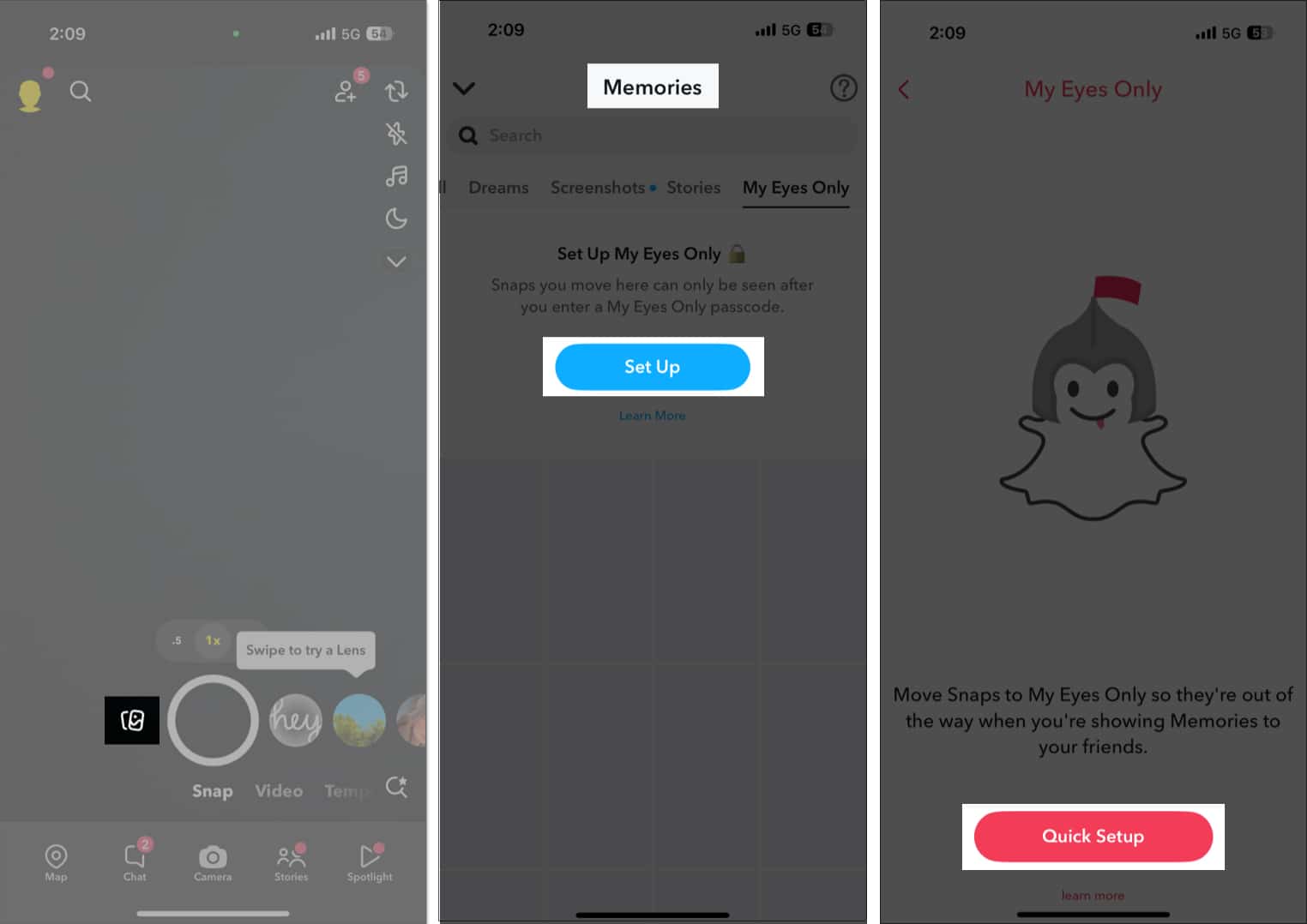 Tap on Set up button after accessing my eyes only section from the Memories page in Snapchat