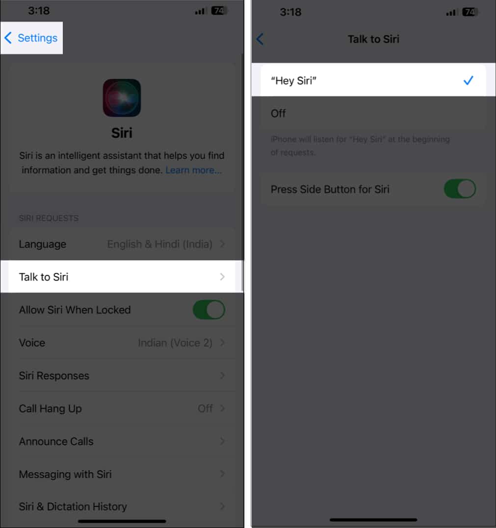 Selecting Hey Siri under Talk to Siri on the iPhone Settings app