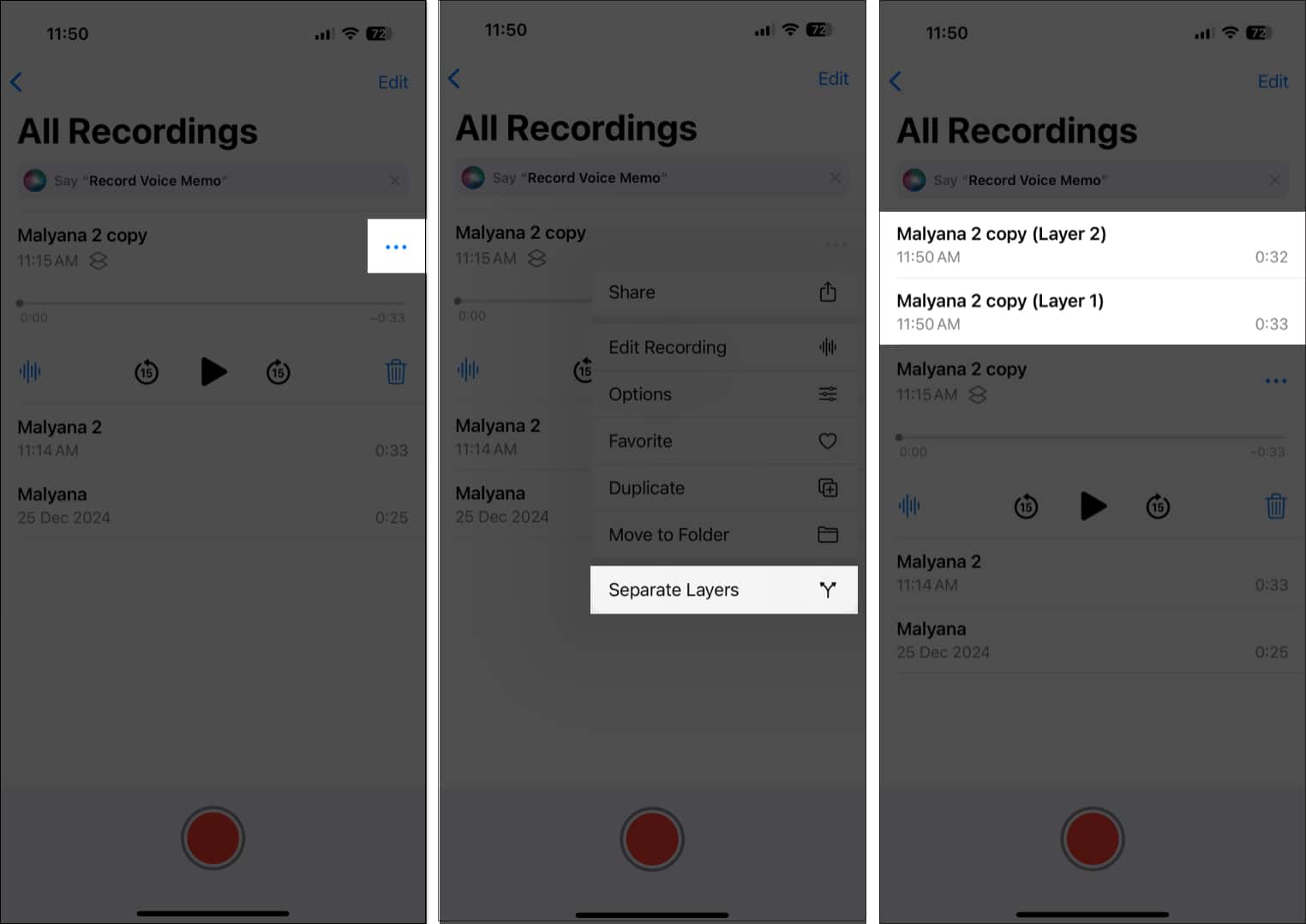 Tap on the three horizontal dots and select Seperate Layers from the drop down menu in Voice Memo app