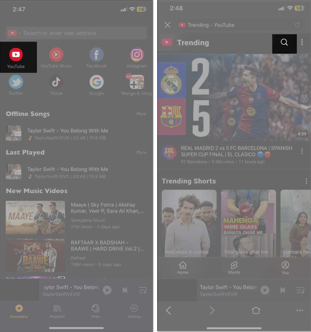 Tap on YouTube in offline music player and browser app