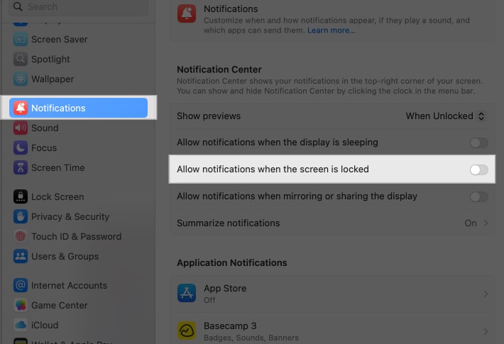 Toggling off Allow notifications when the screen is locked in notifications settings