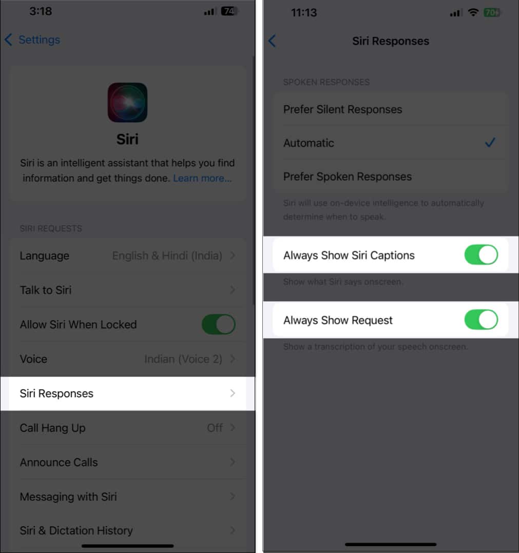 Toggling on Always Show Siri Captions and Always Show Request options under Siri Responses