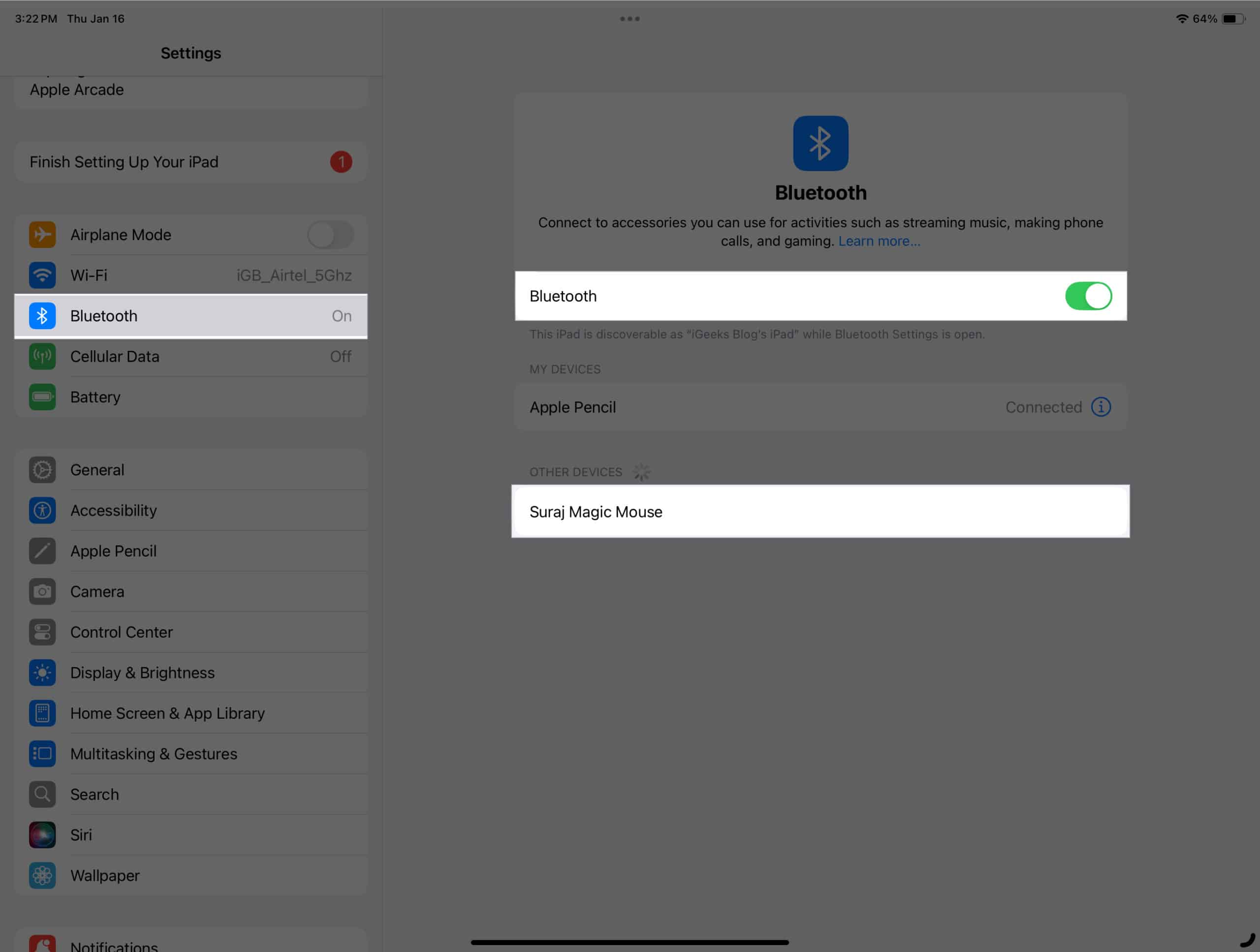 Toggling on Bluetooth in iPadOS Settings app