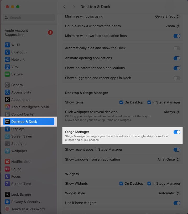 Toggling on the Stage Manager option from Display Dock settings on a Mac