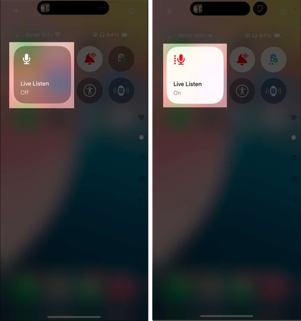 Turning on Live Listen from Control Center on iPhone