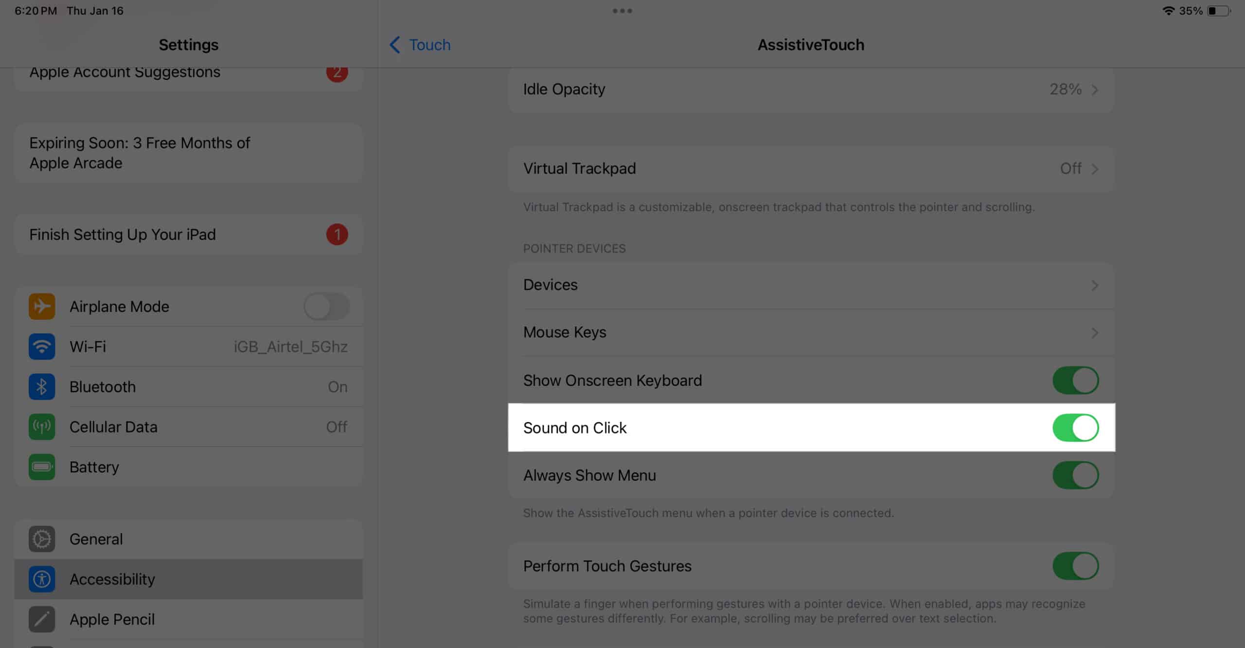 Turning on the Sound on Click option in the Settings app on an iPad