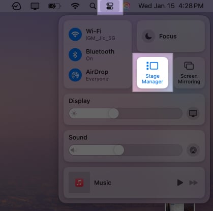 Turning on Stage Manager from macOS Control Center